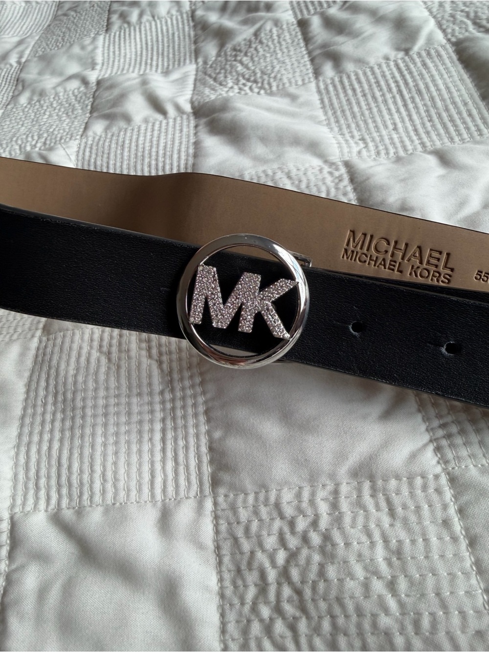 Michael Kors Black Leather Belt with Silver MK Crystal Buckle